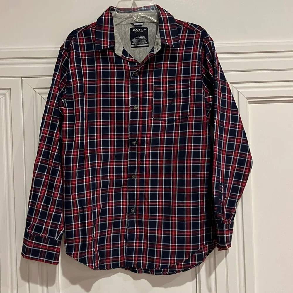 Nautica Plaid Long Sleeve Button Up Top Red, White and Blue Sz L 14/16 - Picture 1 of 7